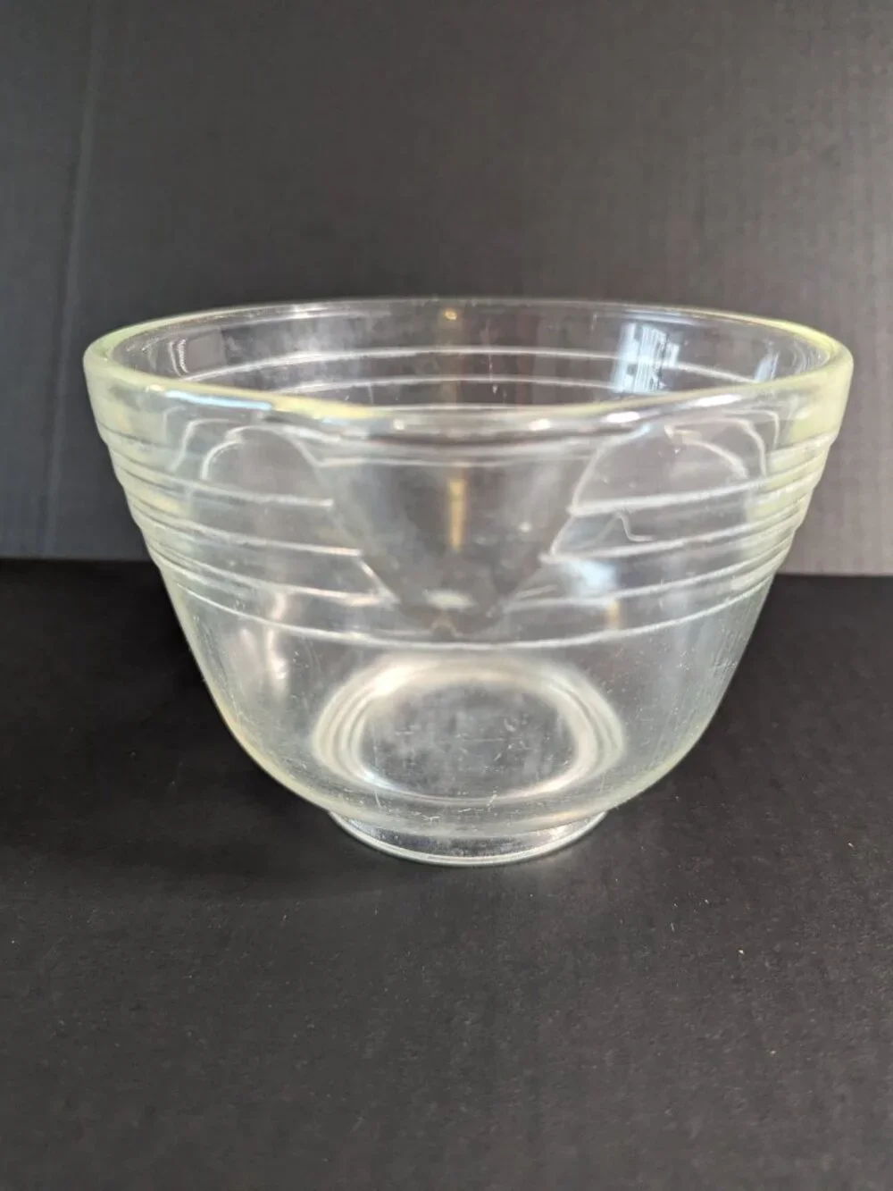 Vintage Glass Mixing Bowl with Etched Lines and Pour Spout